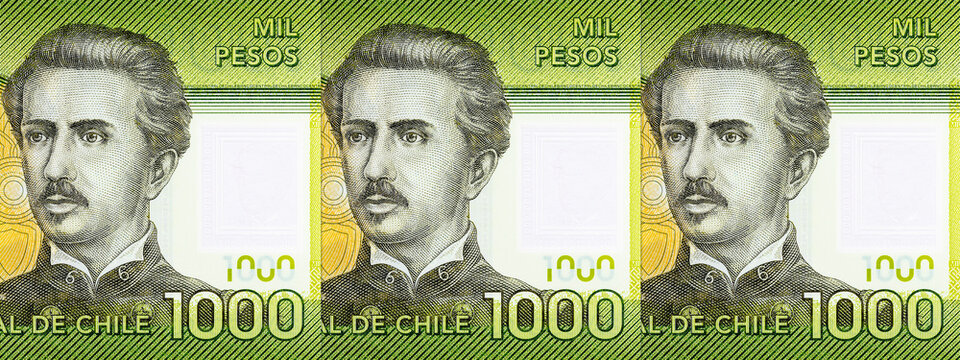1000 Chilean Pesos banknote featuring the portrait of Ignacio Carrera Pinto. Official national currency of Chile. Chile money.