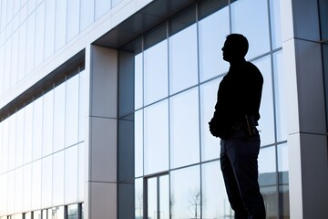 Fototapeta premium A silhouette of a man standing in front of a modern glass building with a cityscape background