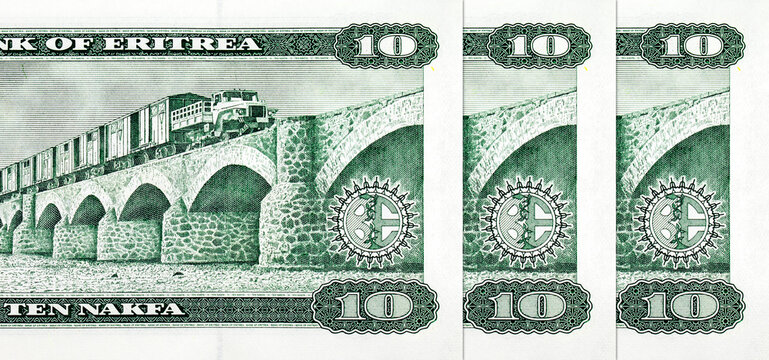 Eritrea 10 Nakfa 1997 Banknotes with the image of Viaduct over Dogali River and train. Paper money of Eritrea.