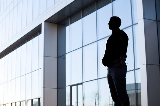 A silhouette of a man standing in front of a modern glass building with a cityscape background