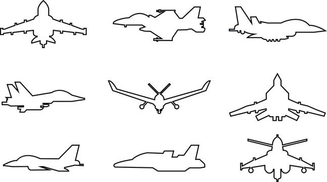 Fighter jet airplane aircraft aviation icon set collection group in black line style featuring plane, jet, flight, warplane synonym elements for military, airforce and transport design use