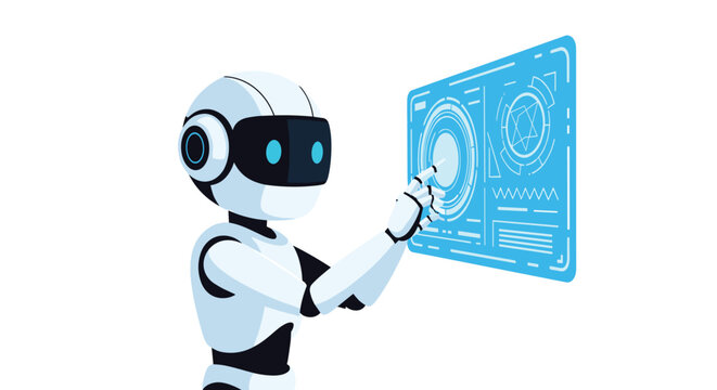 A compact white robot with a black visor touches a large blue holographic control panel featuring circular interface elements on a white background.