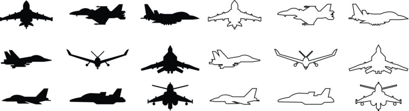 Fighter jet airplane aircraft aviation icon set collection group in black flat and line style featuring plane, jet, flight, warplane synonym elements for military, airforce and transport design use