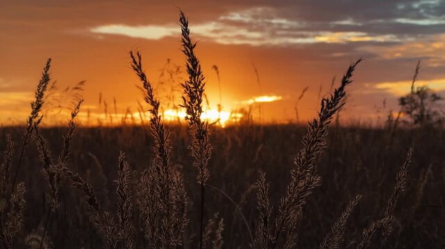 Cinematic sunset over field with sun light flare through dry grass, golden hour nature landscape, beautiful sunrise background.