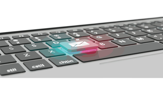 Close-up of a modern laptop keyboard with a glowing blue and pink email icon highlighted on the 'E' key.