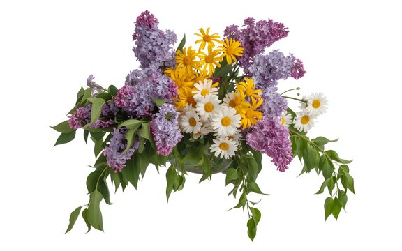 A beautiful bouquet of colorful flowers including lilacs, daisies, and yellow blooms on a white background
