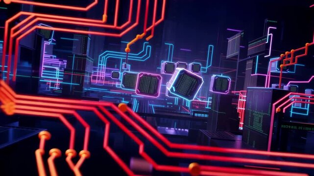 An abstract digital circuit board design featuring a high-tech electronic processor chip integrated into a complex hardware network pattern for modern computing technology 4k quality digital animation
