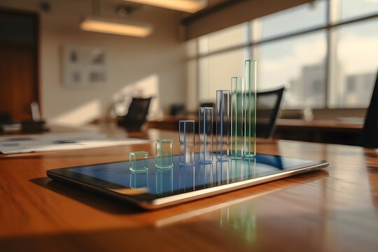 A tablet displaying a 3D bar graph on a wooden conference table in a modern office setting with a city view