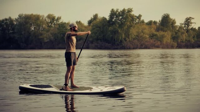 Paddleboarding On Calm River At Sunset. Surfer Rowing On SUP Board During Evening Workout