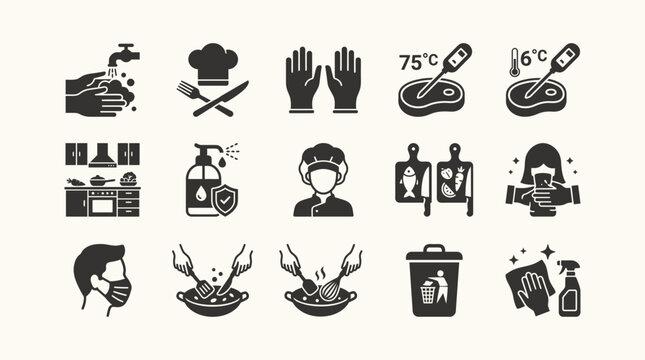 Food Safety and Hygiene Icons Collection for Kitchen and Restaurant Operations