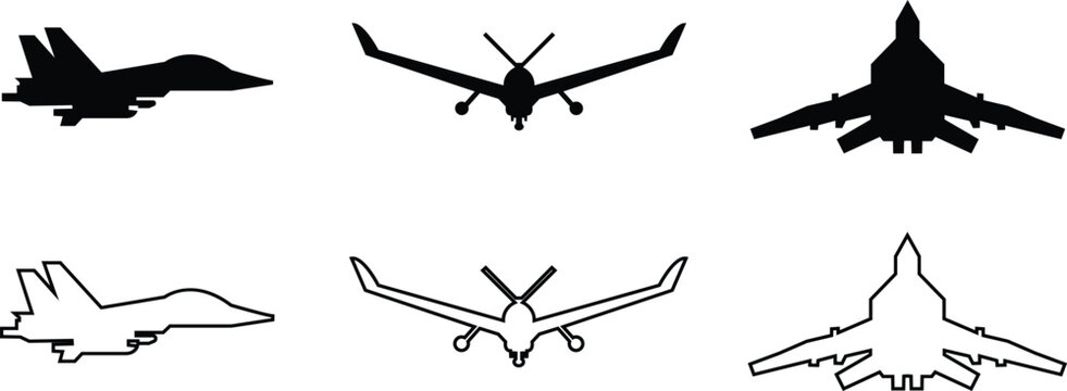 Fighter jet airplane aircraft aviation icon set collection group in black flat and line style featuring plane, jet, flight, warplane synonym elements for military, airforce and transport design use