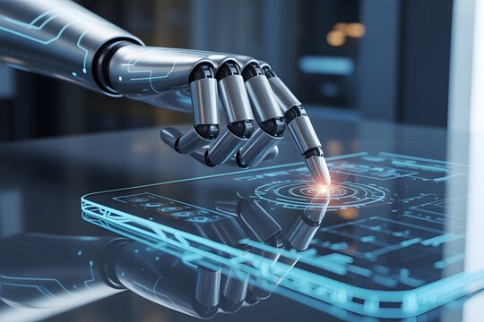 A robotic hand interacts with a futuristic smartphone interface in a high-tech laboratory setting with glowing blue circuits.