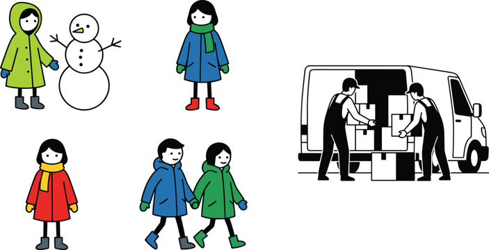 Colorful Winter Clothing and Delivery Icon Set Featuring Snowmen, Children, and Moving Concepts in Flat Design