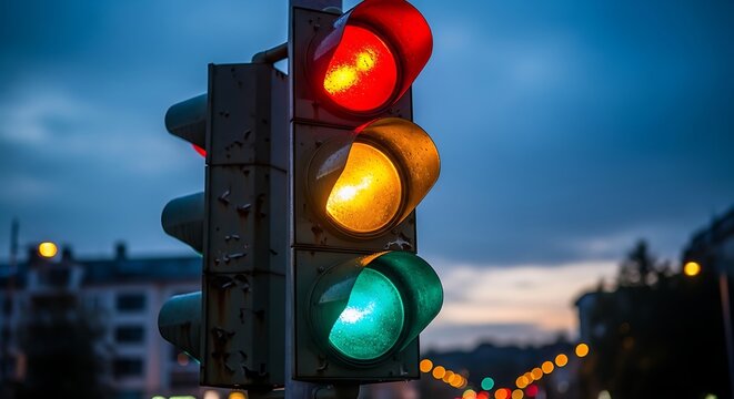 Illuminated traffic light showing red yellow and green against dark evening sky