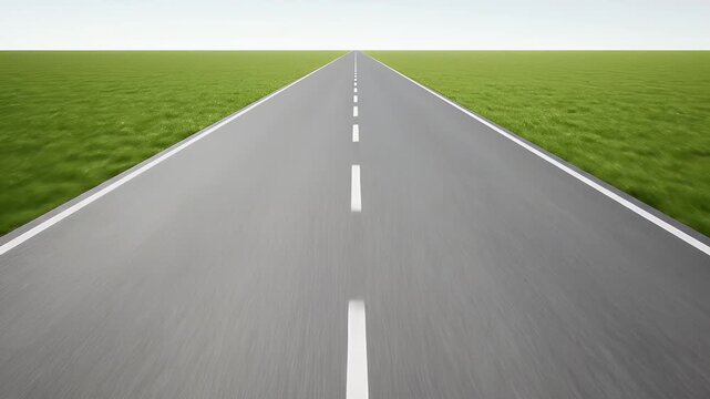 A straight gray road stretches into the distance, bordered by vibrant green grass fields. The clear blue sky above creates a serene atmosphere, highlighting the simplicity of the rural landscape.