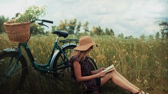 Relaxing in Tall Grass During Bike Trip. Recreation in Nature