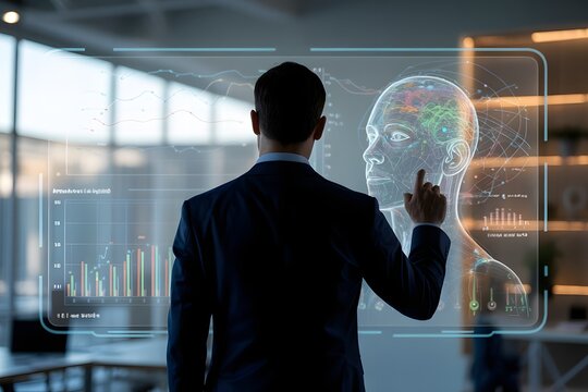A businessman interacts with a futuristic digital interface displaying a human head and various data charts