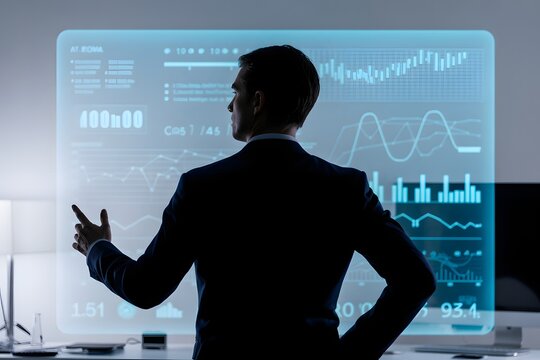 A businessman in a suit analyzes data on a large screen display in a modern office setting.