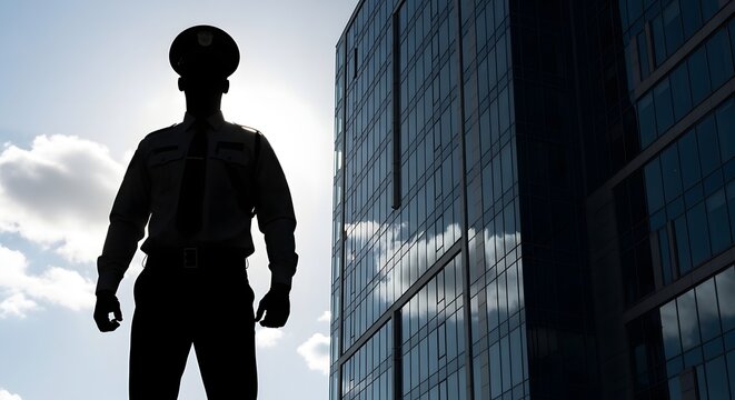 A silhouette of a security guard stands tall in front of a modern glass building in the city.