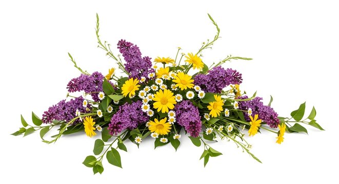 A vibrant bouquet of colorful flowers including purple, yellow, and white blooms on a white background