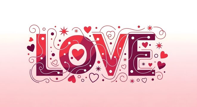 Hand-drawn love lettering with hearts and decorative elements on pink background