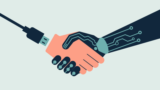 Handshake between human hand and robotic cybernetic hand with usb cable