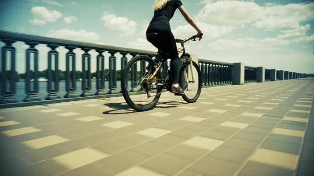 Cyclist Riding Bicycle on City Embankment Path on a Sunny Day. Healthy Hobby and Summer Weekend Leisure