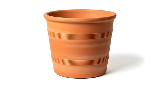 A terracotta pot with a simple design and ridged texture on a white background