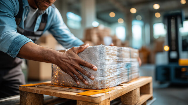Worker wrapping a pallet of boxes with clear film on a wooden skid in a warehouse as a pallet truck waits nearby