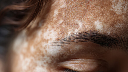 Naklejka premium Extreme close-up of eyebrow and facial skin with vitiligo patches, highlighting natural skin texture, dermatology, beauty diversity, and skincare awareness.