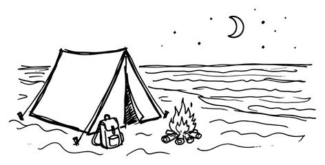 Camping tent by campfire at night near sea with moon and stars hand drawn doodle style © AnimalZOO