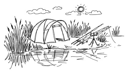 Camping tent and fishing rods on the lake shore outdoors hand drawn sketch style © AnimalZOO