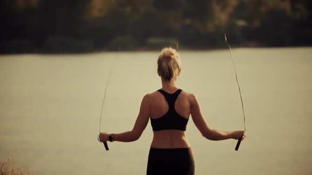 Athlete Jumping Rope During Workout By The Lake. Cardio Exercise Session Near Water