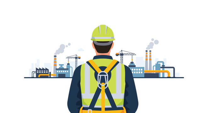 A construction worker wearing a high visibility yellow vest and hard hat stands with their back to the viewer while observing a large industrial factory facility.