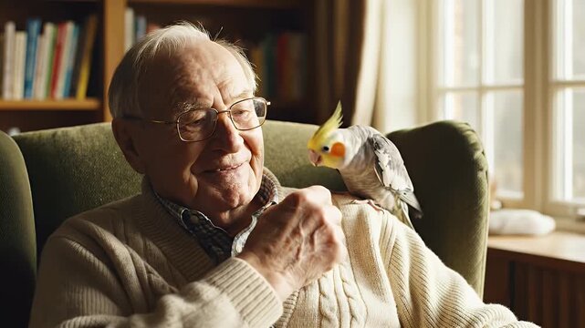 An elderly man wearing a cozy sweater smiles as he gently interacts with a cockatiel perched on his lap.