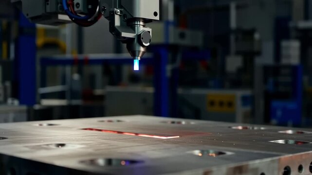 A skilled technician monitors the industrial production of vintage vinyl discs as he operates heavy machinery and a precision needle on the factory manufacturing plant conveyor belt