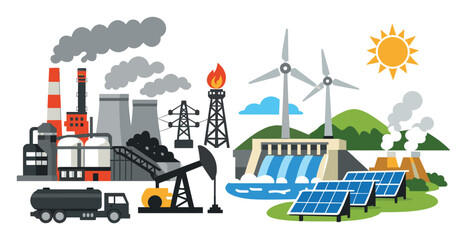 Fototapeta premium Energy sources contrasting pollution from fossil fuels like coal, oil, and gas with clean power from wind, hydro, and solar