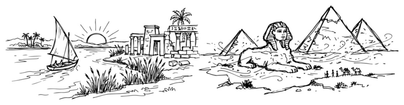 Egypt landscape with pyramids Sphinx and Nile river hand drawn sketch style