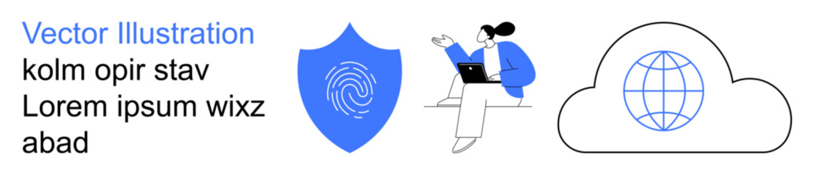 Data protection, cloud technology, cybersecurity, network access, online services, teamwork. A fingerprint shield, cloud icon and user with a laptop. Data protection and cloud technology concept