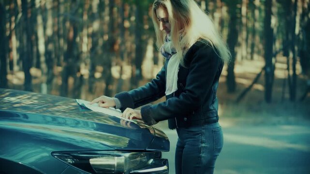 Traveler Checking Paper Map on Car Hood. Navigation and Wayfinding in Nature. Planning Journey Path