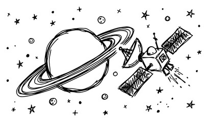 Saturn planet with rings and space probe satellite in hand drawn doodle style © AnimalZOO