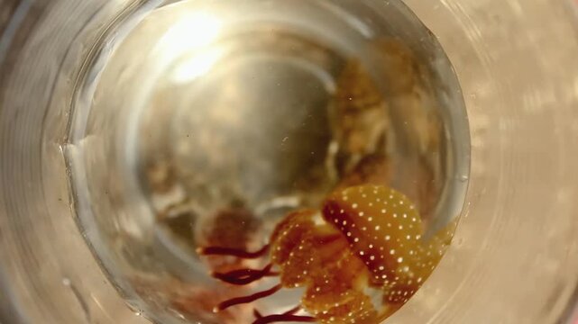 Jellyfish and hermit crabs in plastic cups, top view video can be used vertically or horizontally.