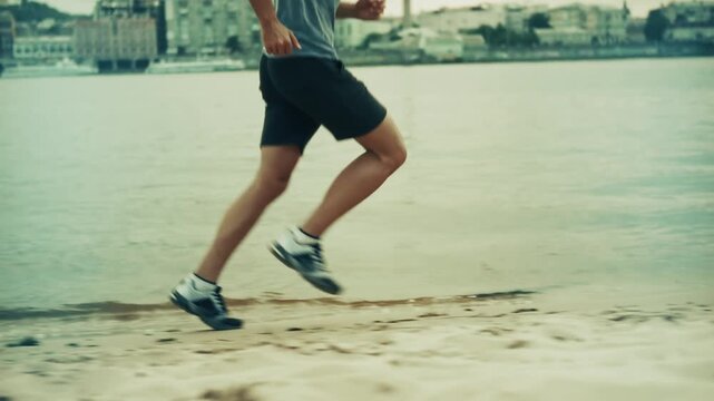 Athlete Jogging along Waterfront with City Background. Active Healthy Lifestyle Exercise 