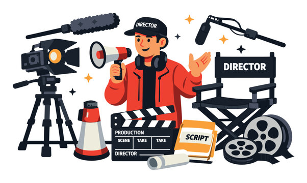 Cartoon director holding a megaphone, standing with camera, clapperboard, script, and film reel, representing filmmaking