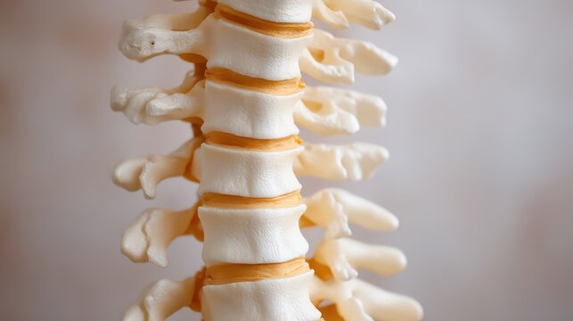 Close-up image of a human spine model showing vertebrae and intervertebral discs in detail.