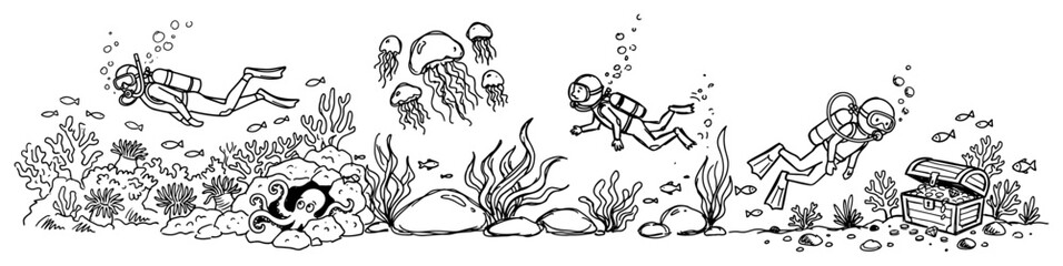 Scuba divers exploring a coral reef with tropical fish and a treasure chest in hand drawn sketch style © AnimalZOO
