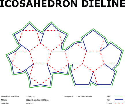  Detailed geometric icosahedron dieline drawing with precise edge measurements and color coded construction lines geometric design 3d modeling technical illustration educational resources mathematical