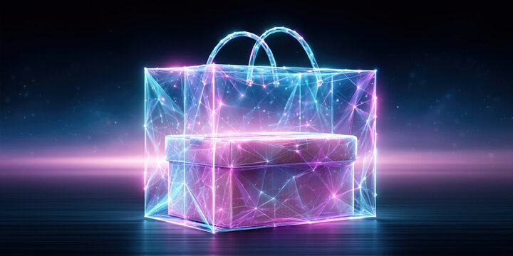 E commerce neon shopping bag and gift box glowing digital network pattern conveying futuristic