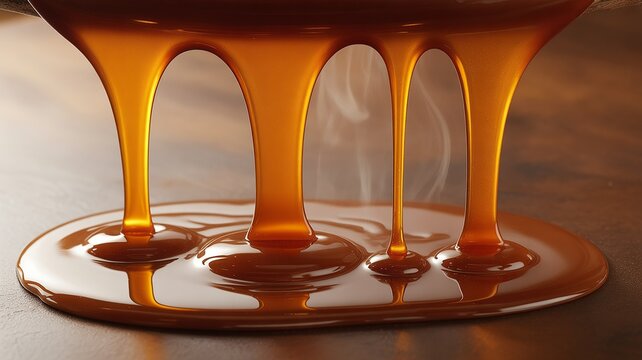 Golden syrup dripping from arches into a reflective surface