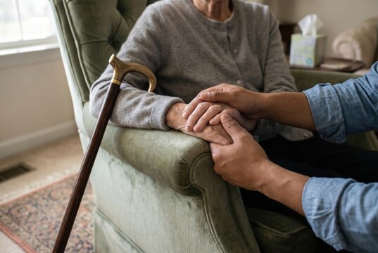 elderly woman hands clasped with walking cane therapist hand on lap, geriatric counseling